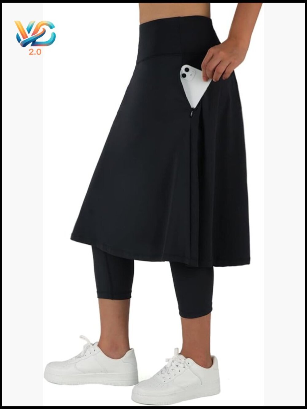 Knee Length Skirt with Attached Capris Leggings High Waist Zipper Pockets